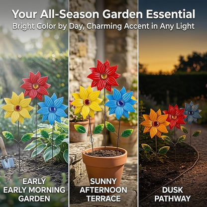 3-Pack Metal Flower Garden Stakes, 16 Inch Weatherproof Floral Yard Art, Vibrant Yellow Red Blue Outdoor Decor for Patio, Lawn & Planter