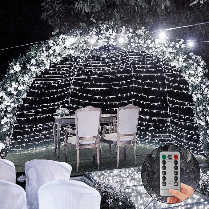 Battery Operated Christmas Lights, 33Ft 100 LED Cool White String Lights with Auto Timer & 8 Modes, Shatterproof Waterproof for Outdoor Indoor Wedding Party Home, Green Wire
