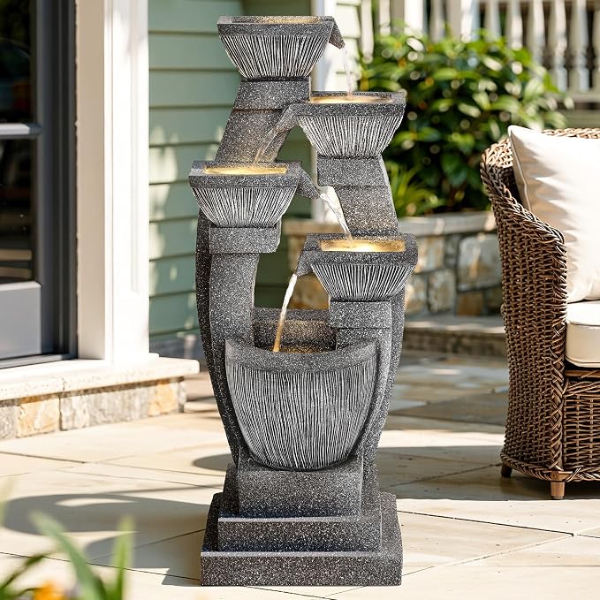40.5" Outdoor Fountain LED 4-Bowl Cascading Waterfall, Gray | 4-pillar slate style, garden patio backyard porch