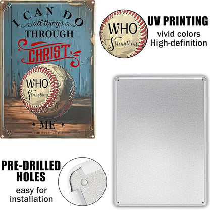 Vintage Baseball Metal Signs-Baseball Gifts for Boys 8-12,Baseball Decor for Boys Room(I Can Do All Things Through Christ Who Strengthens Me Baseball Signs) 8x12 Inch