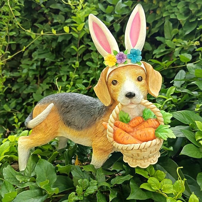 Cynkeyee Dog Garden Statue Decoration - Cute Puppy Beagle with Bunny Ears | Carrot Basket Doggy Figurines, Tabletop Self Floor Indoor Garden Decor, 11.5x4x10.5 inch
