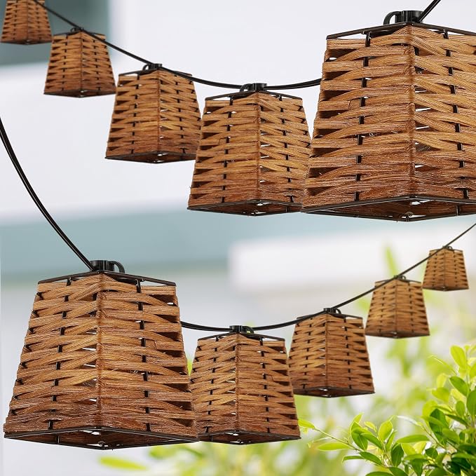 JONATHAN Y 10' Brown 10-Light Bamboo Square String Lights, Classic Vintage Indoor/Outdoor Geometric Lanterns for Patio Deck Porch, Coastal Farmhouse, LED Bulbs Included JYL8707A