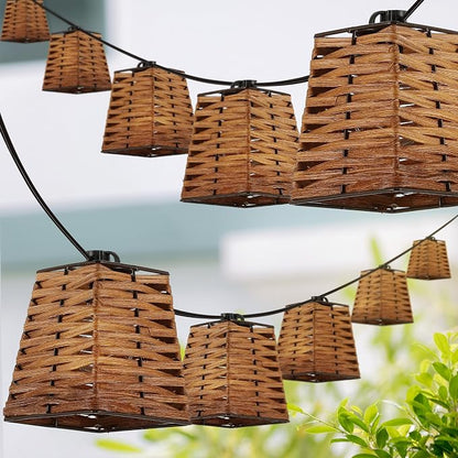 JONATHAN Y 10' Brown 10-Light Bamboo Square String Lights, Classic Vintage Indoor/Outdoor Geometric Lanterns for Patio Deck Porch, Coastal Farmhouse, LED Bulbs Included JYL8707A