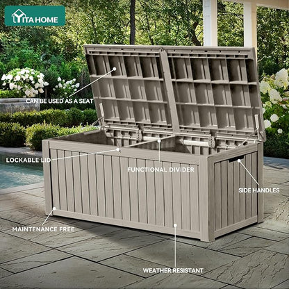 YITAHOME 180 Gallon Large Outdoor Storage XL Deck Box w/Divider for Patio | Outdoor Cushions, Garden Tools, Sports Equipment and Pool Supplies, Waterproof, Resin, Lockable, Taupe
