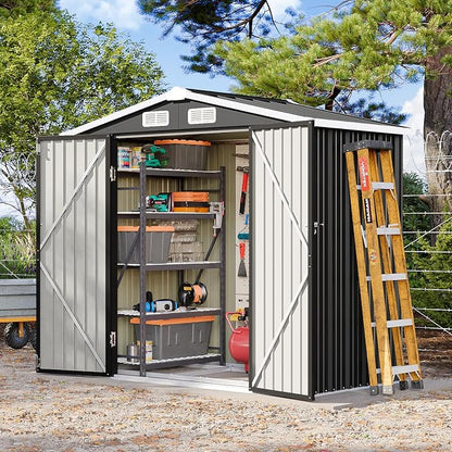 6x4FT Outdoor Storage Shed with Base Black | Metal Garden Tool Shed with Sloping Roof & Lockable Door for Garden, Patio, Backyard