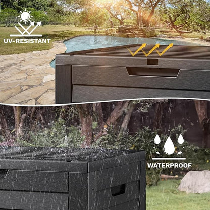 DWVO Louvered Large Deck Box, 35 Gallon Resin Outdoor Storage Box w/Lockable Lid and Side Handles for Patio Furniture, Garden Tools and Pool Supplies,Waterproof and UV Resistant, Black