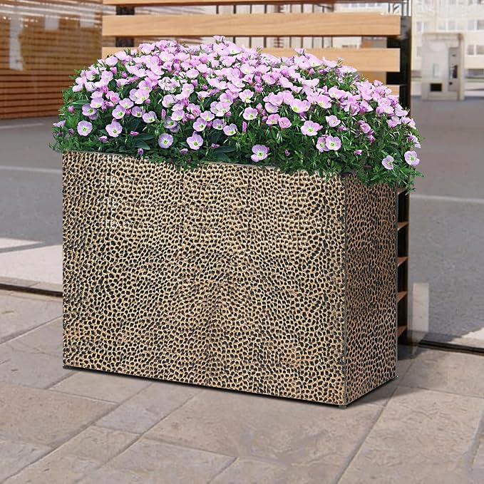 Tall Planters for Outdoor Plants - Hand-Hammered Metal Large Rectangular Block Planter Box with Drainage Holes, Modern Planters Indoor Outdoor Flower Plant Pots Patio Yard Front Porch Deck,32x12x24"