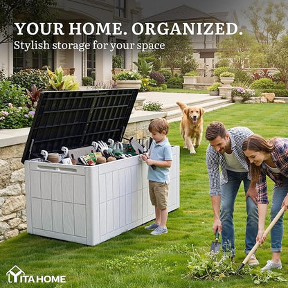 YITAHOME 134 Gallon Large Outdoor Storage Box with Lock | Waterproof Resin Deck Box w/Hydraulic Piston for Garden Tools, Pool Accessories & Cushions(Black & Grayish-White)