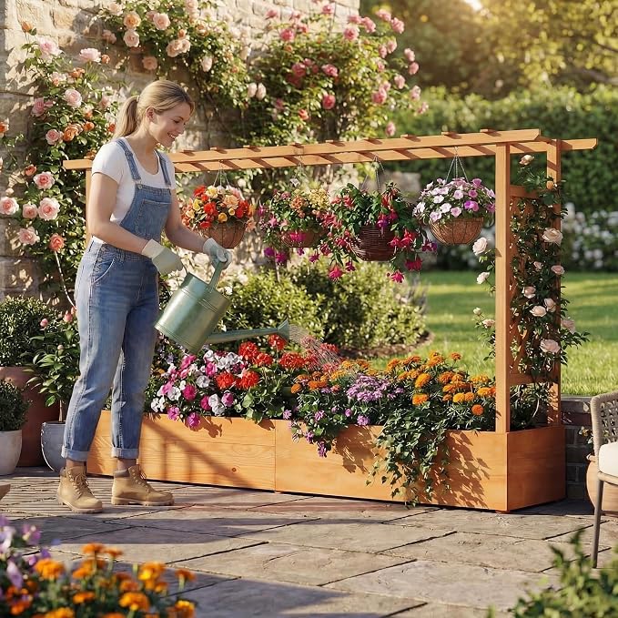 HAPPYGRILL Raised Garden Bed with Trellis, 2 Pack Freestanding Wood Planter Box w/Hanging Roof & 8 Drainage Holes for Vine Climbing Plants Flowers, Outdoor Planter with Trellis for Garden Patio Yard