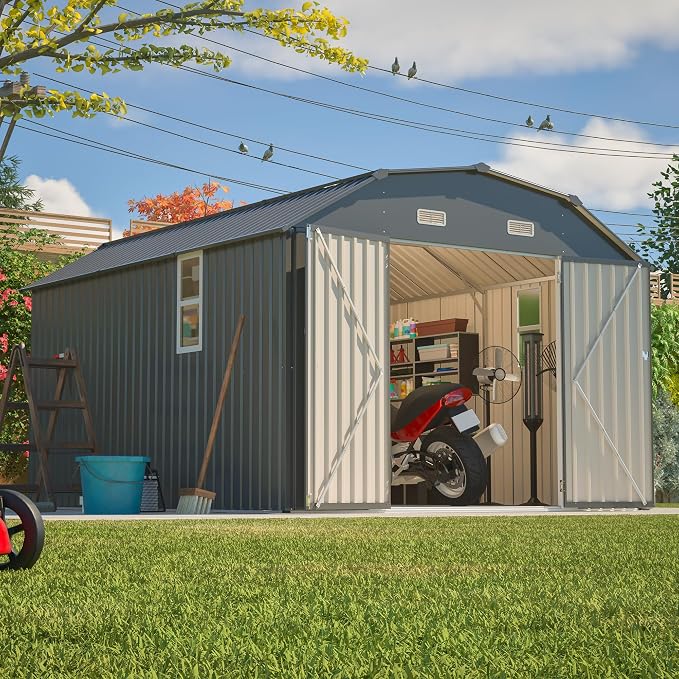 YOPTO 10×12 FT Outdoor Storage Shed,Heavy-Duty Metal Shed with Floor Base,All Weather Waterproof Tool Shed W/Diamond Roof & Windows,Lockable Double Door & 4 Air Vents,for Backyard,Patio,Lawn,Gray