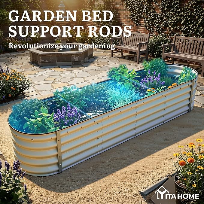 YITAHOME 8x2x1.5ft Galvanized Oval Raised Garden Bed, Metal Planter Box with Safety Rubber, Gloves, Outdoor Flower Bed for Planting Plants Vegetables, Cream Yellow
