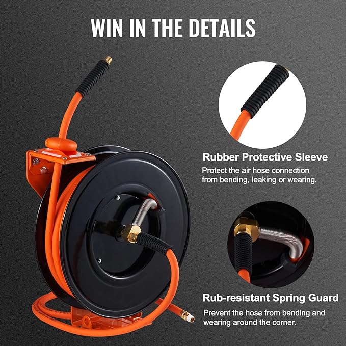 VEVOR Retractable Air Hose Reel 3/8 IN x 50 FT Hybrid Air Hose Max 300PSI | 5ft Lead in, Ceiling/Wall Mount, Single Arm, Heavy Duty Steel Air Compressor Hose Reel