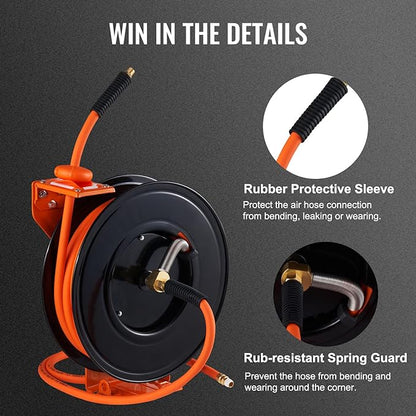 VEVOR Retractable Air Hose Reel 3/8 IN x 50 FT Hybrid Air Hose Max 300PSI | 5ft Lead in, Ceiling/Wall Mount, Single Arm, Heavy Duty Steel Air Compressor Hose Reel