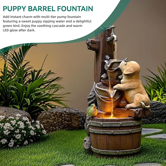 24.5" Puppy & Green Bird Outdoor Fountain with LED Lights | Pastoral Buckets & Wooden Barrel Water Feature, 3-Tiers Soothing Cascading Waterfall for Patio, Backyard, Garden