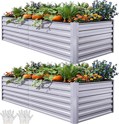 YITAHOME 8x4x2ft 2pcs Large Raised Garden Bed, Galvanized Metal Planter Box with Gloves, Ground Nails, Support Rod & Safety Rubber, Outdoor Above Ground Planters for Plants Vegetables Flowers, Silver