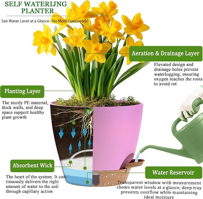 Self Watering Pots for Inoor Ourdoor Plants 10/9/8/7/6.5 Inch Plastic Planters with Drainage Holes & Water Level Indicator, Decorative House Flower Nursery Planting Pots with Saucers (Dusty Lavender)