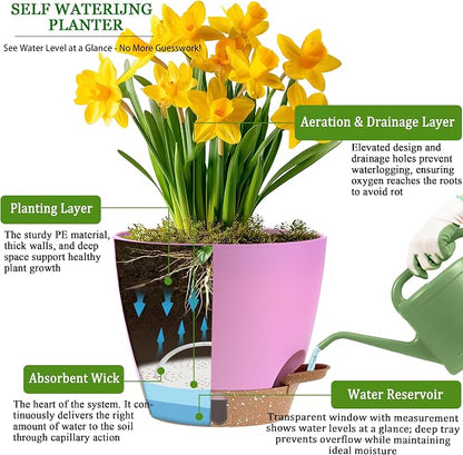 Self Watering Pots for Inoor Ourdoor Plants 10/9/8/7/6.5 Inch Plastic Planters with Drainage Holes & Water Level Indicator, Decorative House Flower Nursery Planting Pots with Saucers (Dusty Lavender)