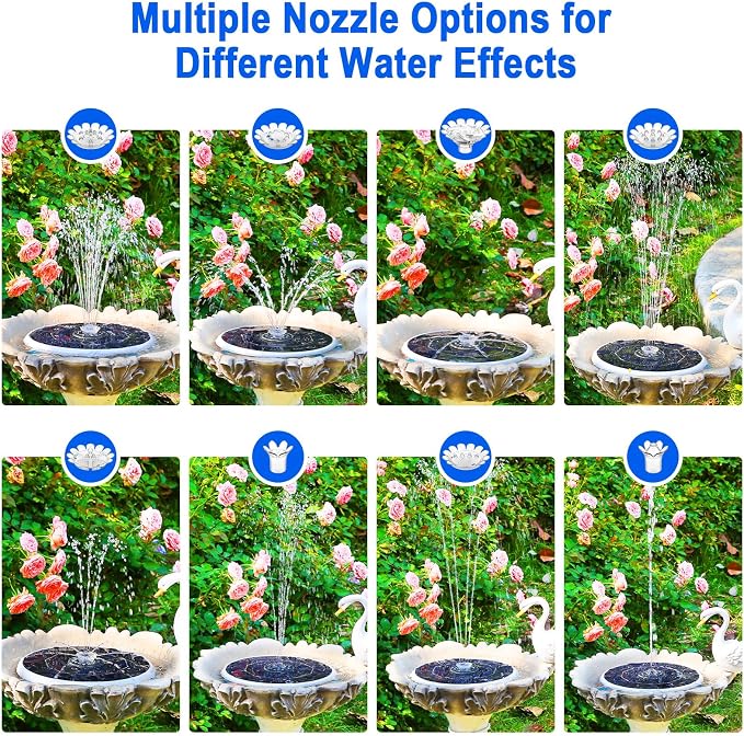 AISITIN 6.5W Solar Fountain for Bird Bath with 3000mAh Battery & Color Changing LED Light, 4 Anti-drift Brackets & 8 Nozzles, Solar Powered Bird Bath Fountain for Garden, Backyard, Fish Tank and Patio