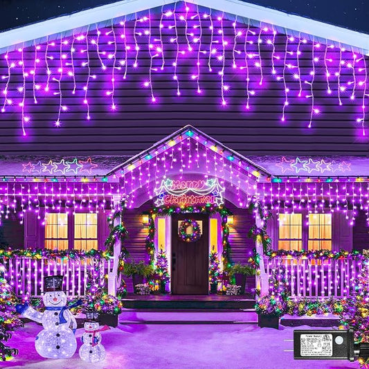 66ft Purple Christmas Lights Outdoor Indoor, 640 LED Icicle Lights for Outside Twinkle Christmas Lights with 120 Drops Clear Wire Timer 8 Modes for House Party Tree Yard Patio Eaves Holiday Decoration