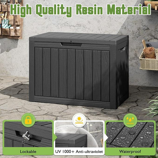 Outdoor Storage Box, 50 Gallon Deck Box with Lockable Lid, Waterproof Resin Storage Bin for Cushions, Garden Tools, Patio Furniture, Black