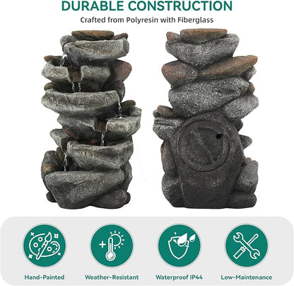 20" H Rock Outdoor Water Fountain with LED Lights | Unique 5-Tier Cascading Waterfall for Garden Patio Yard, Weather-Resistant Polyresin Water Feature for Tranquil Zen Oasis