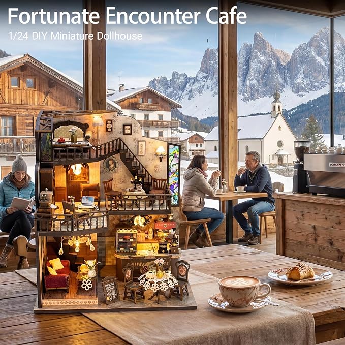 DIY Miniature House Kit, Fairy Dollhouse for Adults to Build, Mini Home Building Kit with Wooden Furniture & LED Lights,Garden Detials, Gift for Family and Friends (Fortunate Encounter Café)