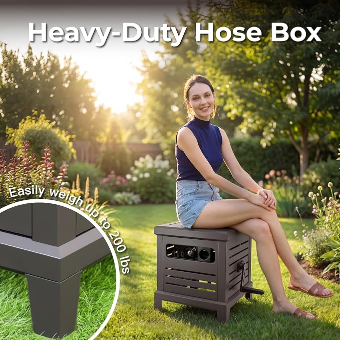 Relhost Hose Reel, Heavy Duty Metal Deck Box Hideaway Holds 125 ft x 5/8" Hose, Garden Hose Reel with Never-Leak System, Manual Crank Handle, Hose Guide, Ideal for Yards, Patios, and Garden Sheds