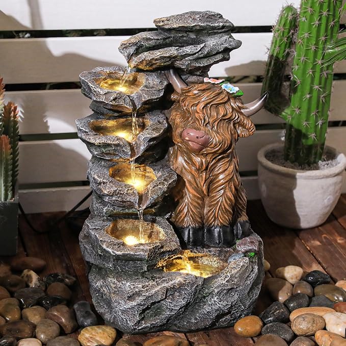 19" Highland Cow Outdoor Fountain with LED Lights | 5-Tier Charming Water Feature , Pastoral Resin Soothing Cascading Waterfall for Patio, Backyard, Garden or Porch