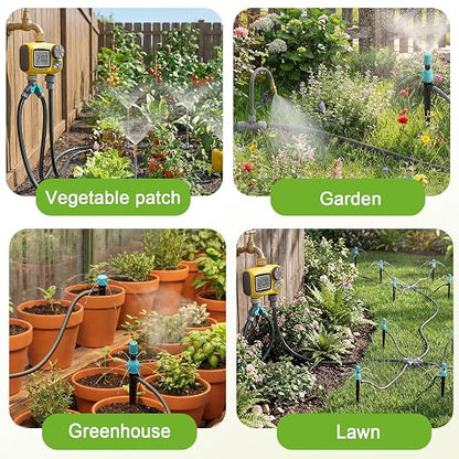 172FT Drip Irrigation System Kit with 2 Zone Water Timer,1/2" High-Flow Mainline Automatic Watering System,26PCS 360°Adjustable Nozzles,6-Way Fast-Plug Irrigation Kit for Agricultural Yard,Lawn