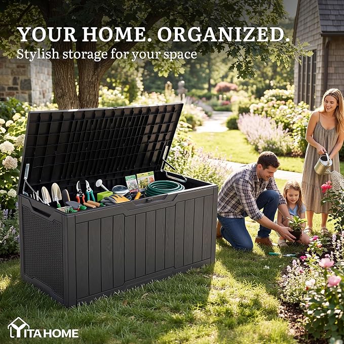 YITAHOME 100 Gallon Large Outdoor Deck Box | Waterproof Resin Storage Box, Lockable Indoor Outdoor Storage Container for Patio Furniture Cushions, Pool Accessories