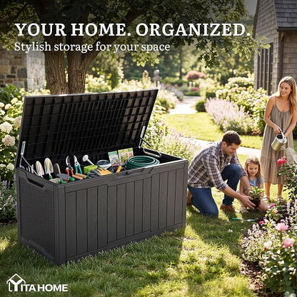 YITAHOME 100 Gallon Large Outdoor Deck Box | Waterproof Resin Storage Box, Lockable Indoor Outdoor Storage Container for Patio Furniture Cushions, Pool Accessories