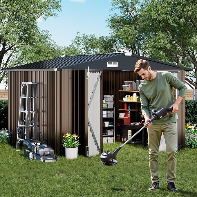 COMHOMA Shed Outdoor Storage Shed Metal,Lockable Doors Tool Sheds with Sloping Roof,Steel Garden Shed with Air Vent for Backyard,Patio,Lawn,Poolside (Brown, 10'x10') | Sloping Roof and Air Vent Perfect for Backyard Patio Lawn and Poolside
