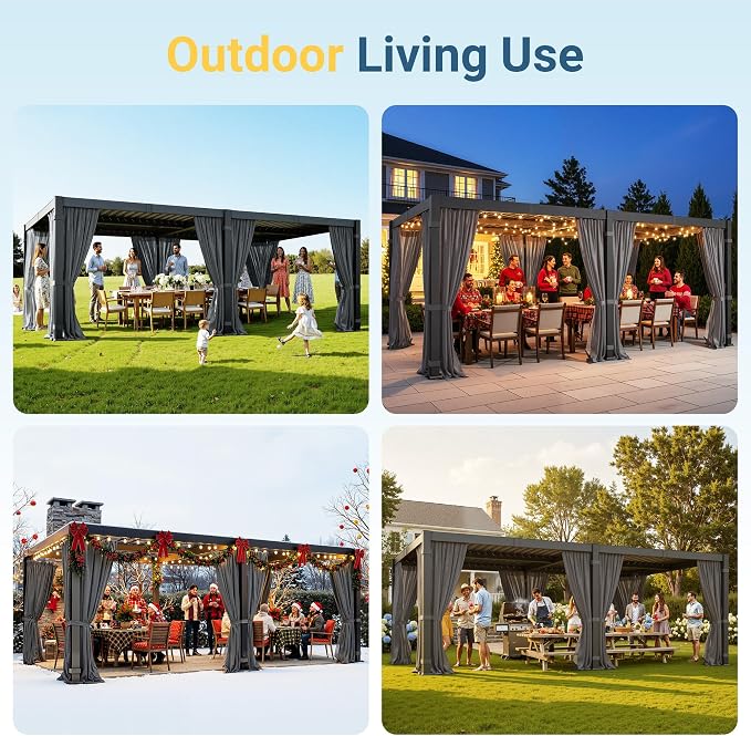 12' x 20' Louvered Pergola, Aluminum Frame Outdoor Pergola with Adjustable Louvered Roof, Curtains & Netting, Gutter System, Outdoor Hardtop Patio Gazebo for Patio, Deck, Garden, Yard, Dark Gray