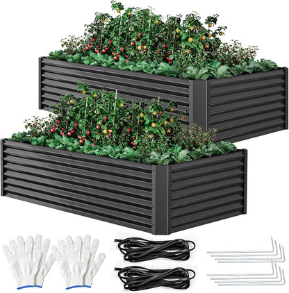 DWVO 2pcs 8 x 4 x 1.5 FT Raised Garden Bed Kit, Outdoor Galvanized Flower Bed with Safety Rubber and Gloves, Large Metal Planter Box for Vegetables, Flowers, Herbs, Fruits, Black