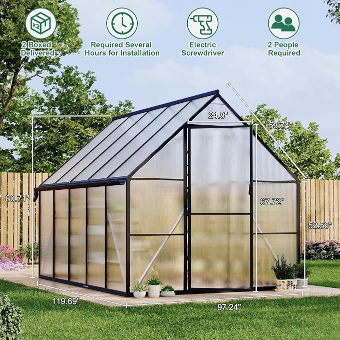 GarveeLife 8'x10' Aluminum-Framed Polycarbonate Greenhouse, Heavy Duty Polycarbonate Greenhouse with Quick Setup Structure and Roof Vent, Large Enhanced Aluminum Green House Kit for Outdoors