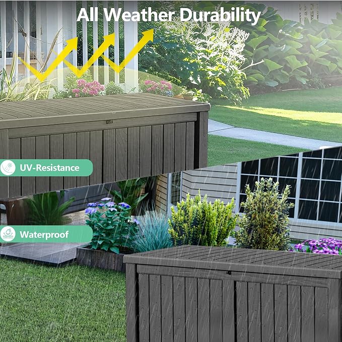 Zapdos Outdoor Storage Box, 120 Gallon Deck Box with Stainless Steel Rods, Waterproof Large Resin Storage Bin for Patio Cushions Garden Tools, Lockable Outside Storage Box, Black