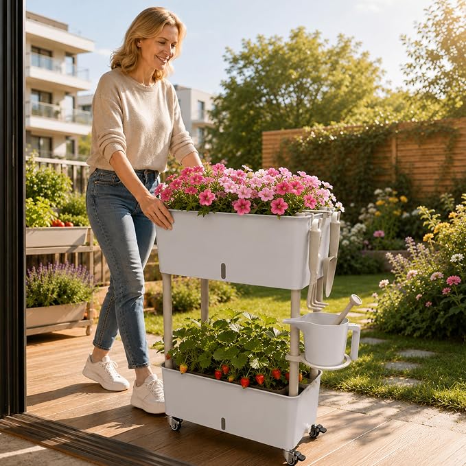 2-Tier 27.8"H Rolling Raised Garden Bed with Wheels, Self Watering Planter Box with Visible Water Level, Gray Rustproof Plastic Herb & Strawberry Planter for Indoor Outdoor Vegetables Flowers, DIY Kit