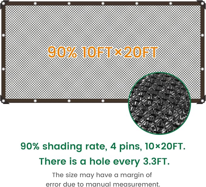 Shade Cloth, 10FT X 20FT 90% Black Outdoor Woven Sun Shade with Grommets, Durable Breathable Netting Shading Antifreezing for Patio, Garden, DIY Home, Plants Cover, Greenhouse, Dog Kennel