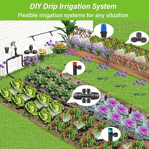 243FT Drip Irrigation Kit, Drip Irrigation System with 1/2'' Hose1/4 Drip Irrigation Tubing, 2026New Quick-Connect, Three Adjustable Nozzle Types for Garden Greenhouse Flower Bed Patio Lawn