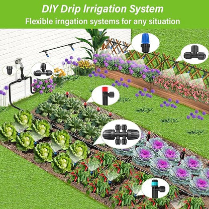 243FT Drip Irrigation Kit, Drip Irrigation System with 1/2'' Hose1/4 Drip Irrigation Tubing, 2026New Quick-Connect, Three Adjustable Nozzle Types for Garden Greenhouse Flower Bed Patio Lawn