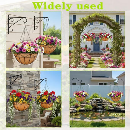 4 Pack 14 Inch Black Wire Hanging Planter with Coir Fiber Outdoor Round Hanging Basket with Metal Chain for Balcony Porch Farmhouse Country Style Garden Decor (Geometric)