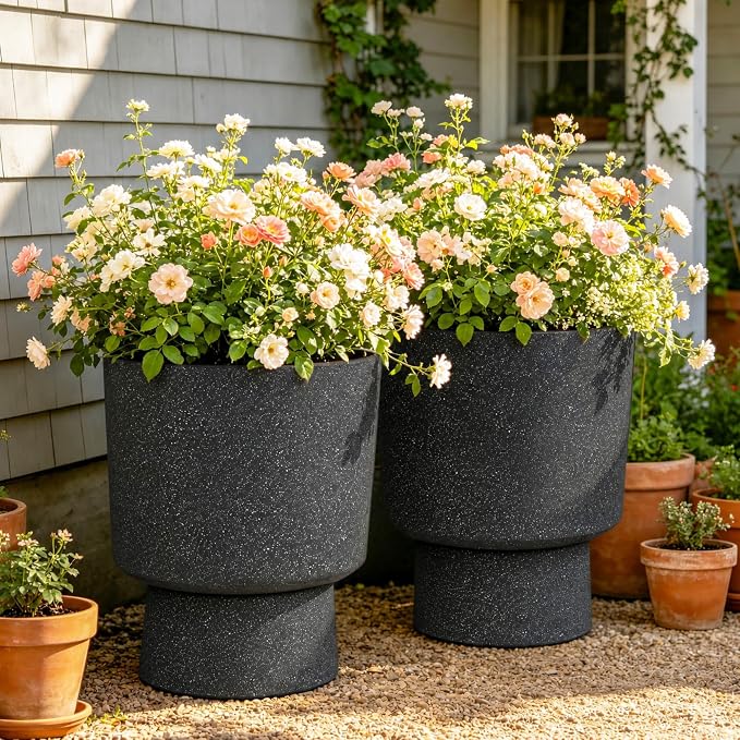 Autodaya 16.8" Black Terrazzo Pedestal Planters Set of 2 with Drainage Hole | Modern Plastic Flower Pots with Weather-Resistant Finish for Indoor or Outdoor Garden, Patio, Balcony, or Entryway Decor