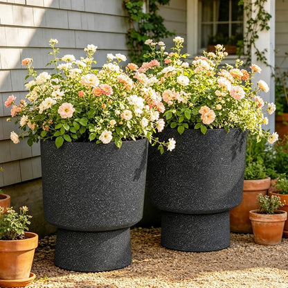 Autodaya 16.8" Black Terrazzo Pedestal Planters Set of 2 with Drainage Hole | Modern Plastic Flower Pots with Weather-Resistant Finish for Indoor or Outdoor Garden, Patio, Balcony, or Entryway Decor
