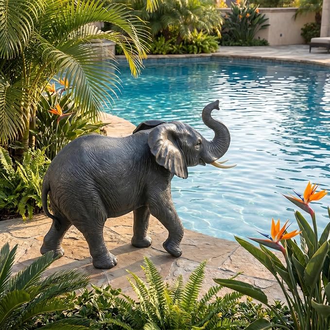 28" Large Elephant Garden Statue with Raised Trunk, Lifelike All-Weather Waterproof Resin Sculpture, Outdoor Yard Patio Lawn Decor, Lucky Feng Shui Ornament, Housewarming Gift