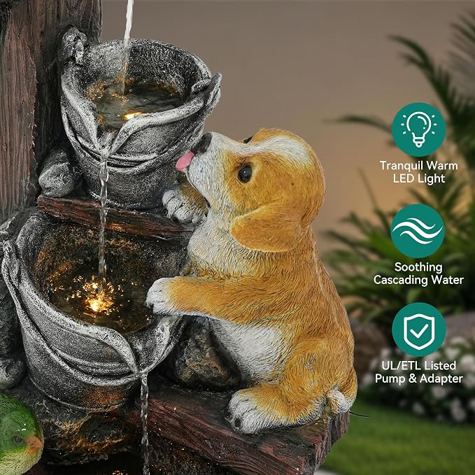 24.5" Puppy & Green Bird Outdoor Fountain with LED Lights | Pastoral Buckets & Wooden Barrel Water Feature, 3-Tiers Soothing Cascading Waterfall for Patio, Backyard, Garden