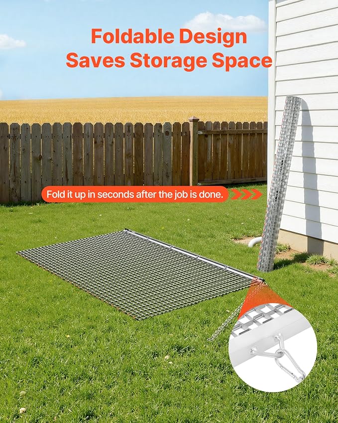 VEVOR Drag Harrow, 6 x 3 ft, High-Efficiency Chain Harrow Rake, ATVs UTVs Tractors Attachments, Durable Galvanized Steel Mesh Drag Mat with Towing Chain, for Gravel Driveway Ruts Farm Field Leveling
