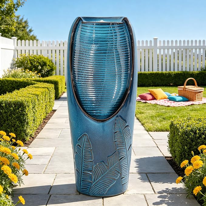 32" H Outdoor Garden Fountain with LED Lights, Modern Ceramic Jar Water Fountain, 3D Tropical Leaf Pattern, Teal Blue Glaze, Soothing Cascading Waterfall for Relaxing Patio, Yard, Porch