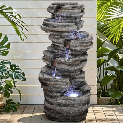 Extra-Large Rock Outdoor Water Fountain with LED Lights | 6-Tier Cascading Waterfall for Garden Patio Porch, Weather-Resistant Polyresin Water Feature for Tranquil Oasis
