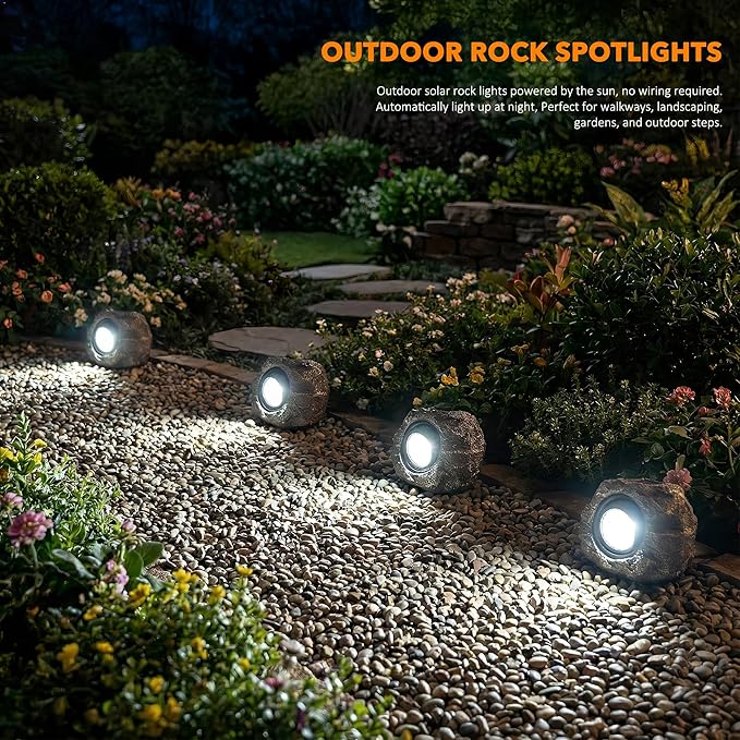Solar Rock Lights Outdoor, IP65 Waterproof LED Solar Spotlights, Realistic Stone Garden Lights with Adjustable Angle & Auto On/Off, Solar Landscape Pathway Lights for Yard, Walkway, Patio (2 Pack)