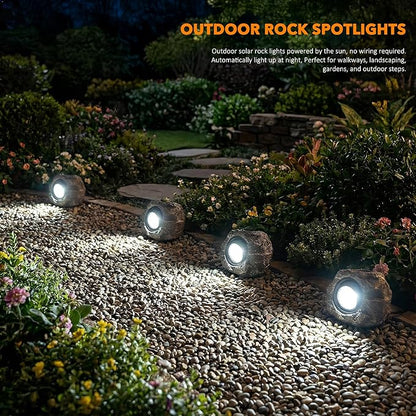 Solar Rock Lights Outdoor, IP65 Waterproof LED Solar Spotlights, Realistic Stone Garden Lights with Adjustable Angle & Auto On/Off, Solar Landscape Pathway Lights for Yard, Walkway, Patio (2 Pack)